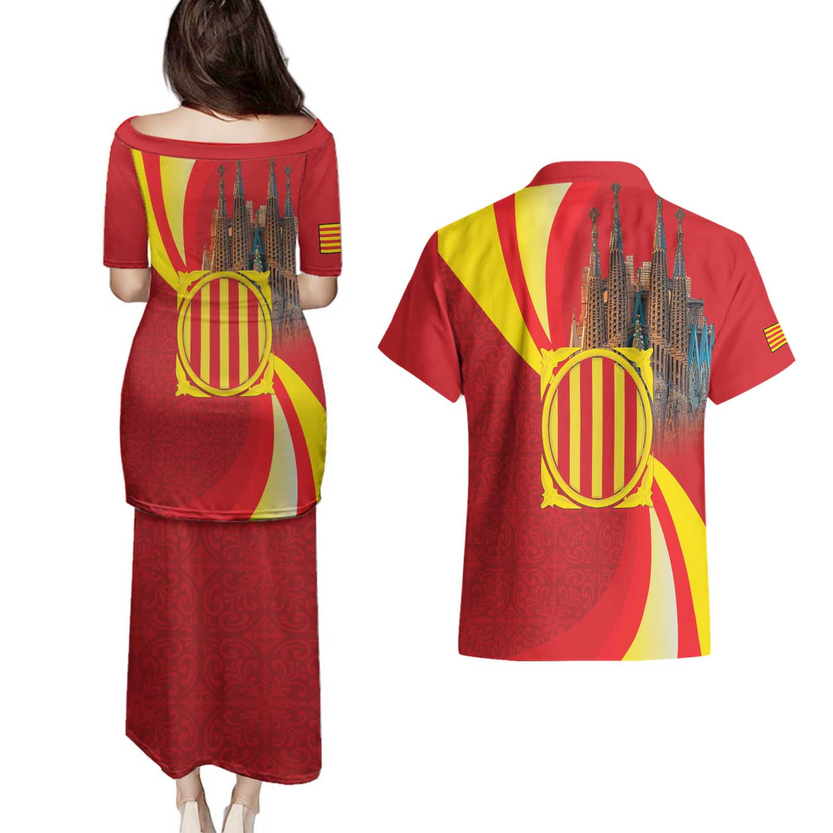 Catalonia Spain Couples Matching Puletasi and Hawaiian Shirt Basilica de la Sagrada Familia