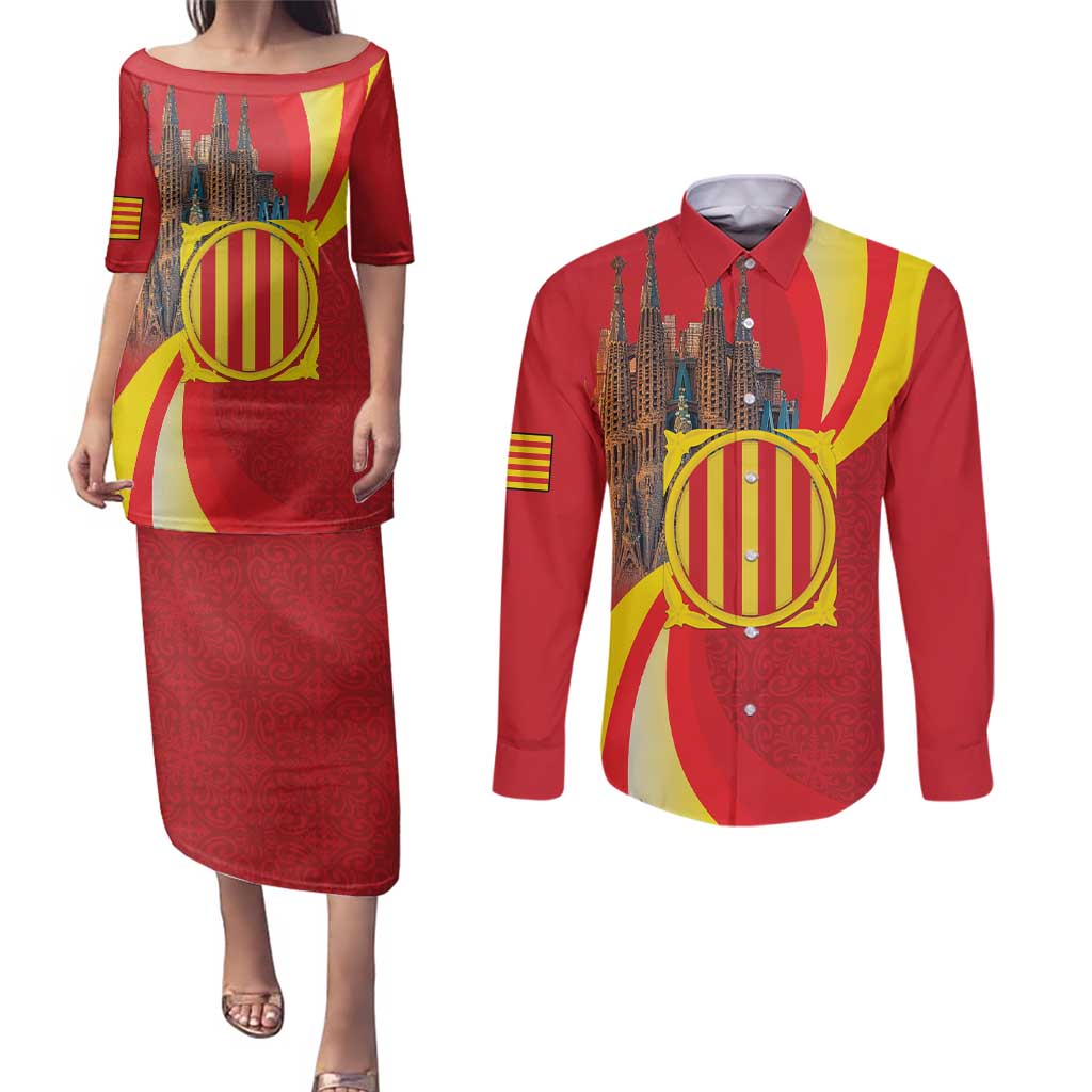 Catalonia Spain Couples Matching Puletasi and Long Sleeve Button Shirt Basilica de la Sagrada Familia