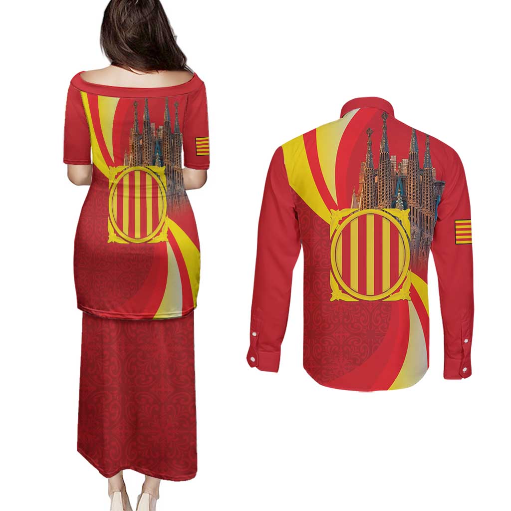 Catalonia Spain Couples Matching Puletasi and Long Sleeve Button Shirt Basilica de la Sagrada Familia