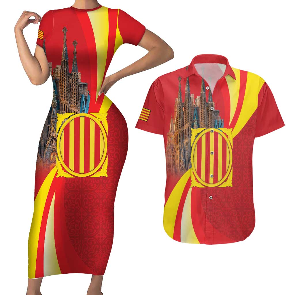 Catalonia Spain Couples Matching Short Sleeve Bodycon Dress and Hawaiian Shirt Basilica de la Sagrada Familia
