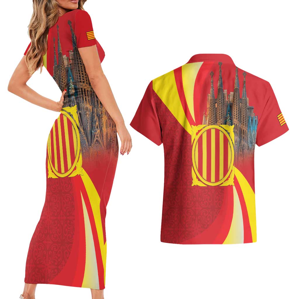Catalonia Spain Couples Matching Short Sleeve Bodycon Dress and Hawaiian Shirt Basilica de la Sagrada Familia