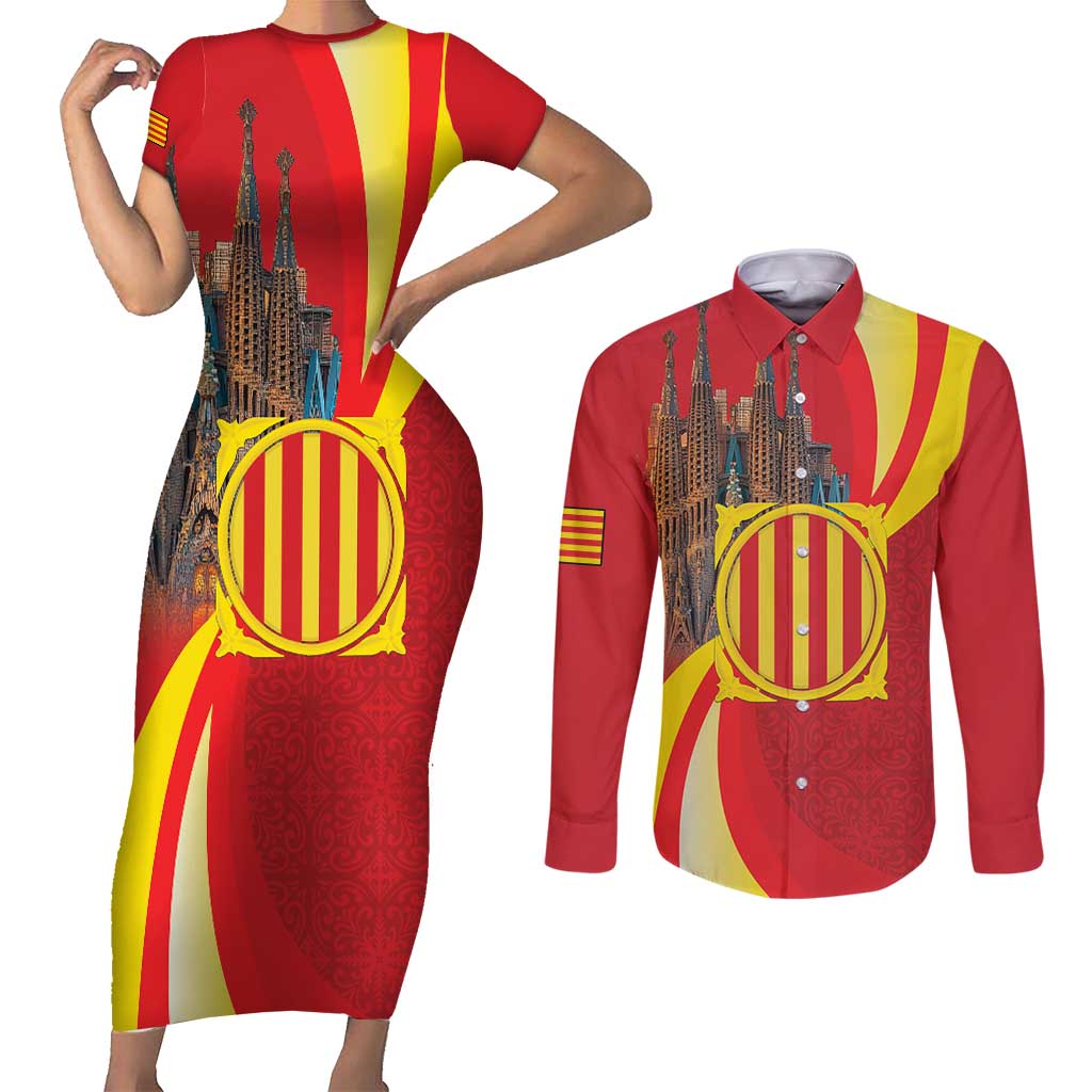 Catalonia Spain Couples Matching Short Sleeve Bodycon Dress and Long Sleeve Button Shirt Basilica de la Sagrada Familia