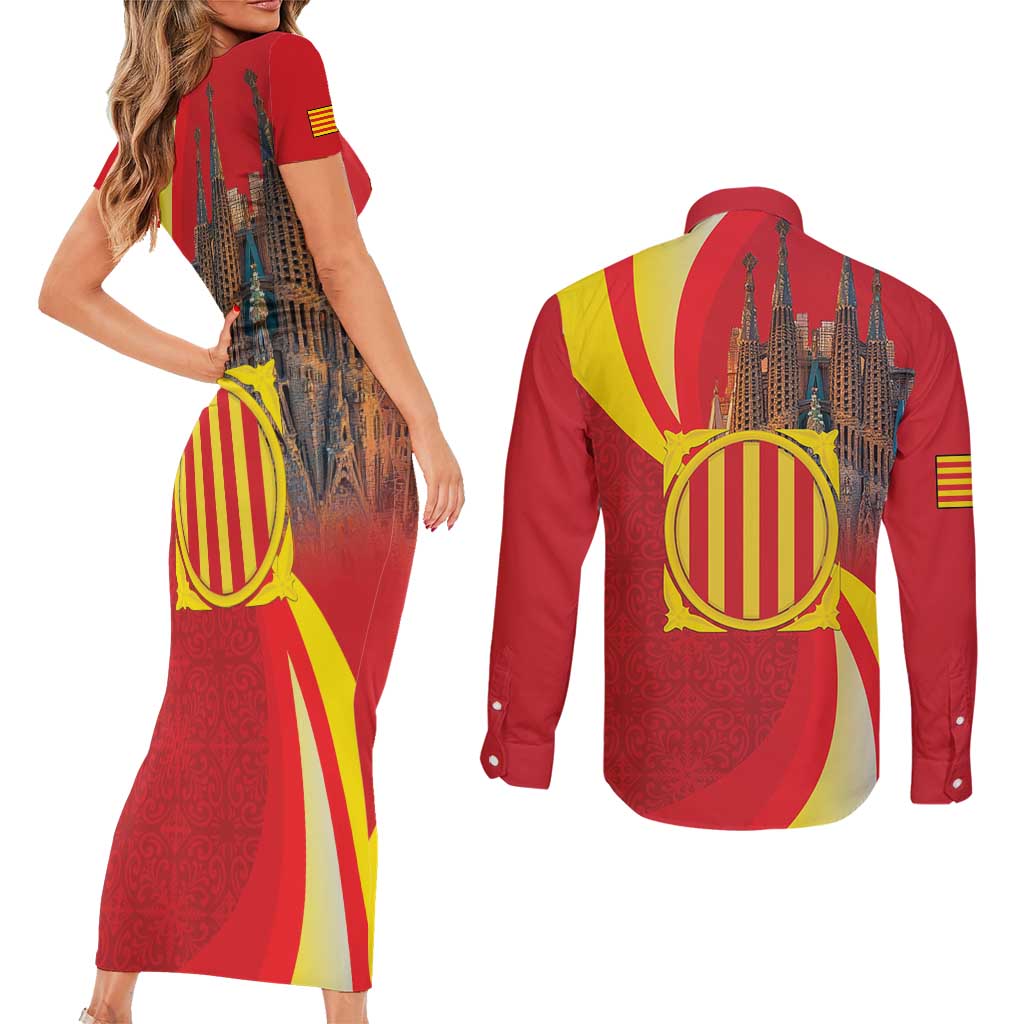 Catalonia Spain Couples Matching Short Sleeve Bodycon Dress and Long Sleeve Button Shirt Basilica de la Sagrada Familia