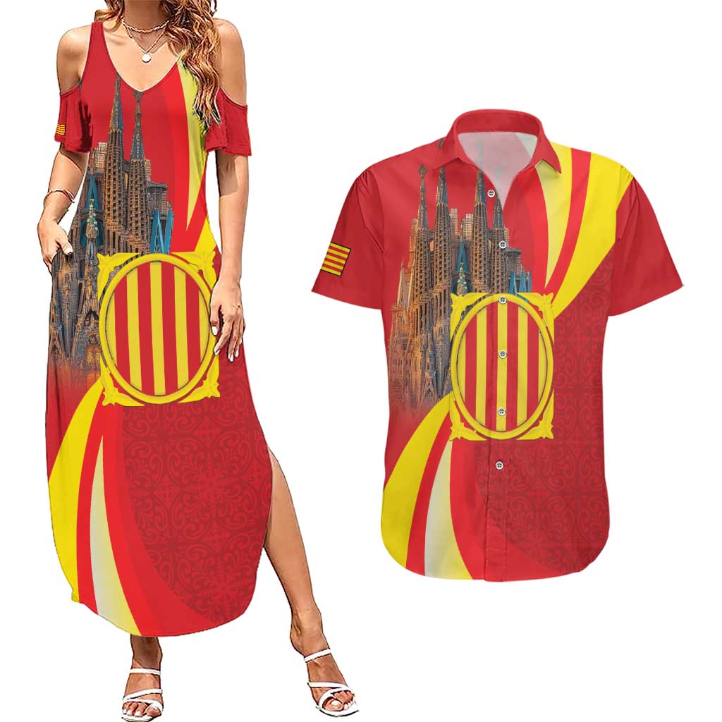 Catalonia Spain Couples Matching Summer Maxi Dress and Hawaiian Shirt Basilica de la Sagrada Familia