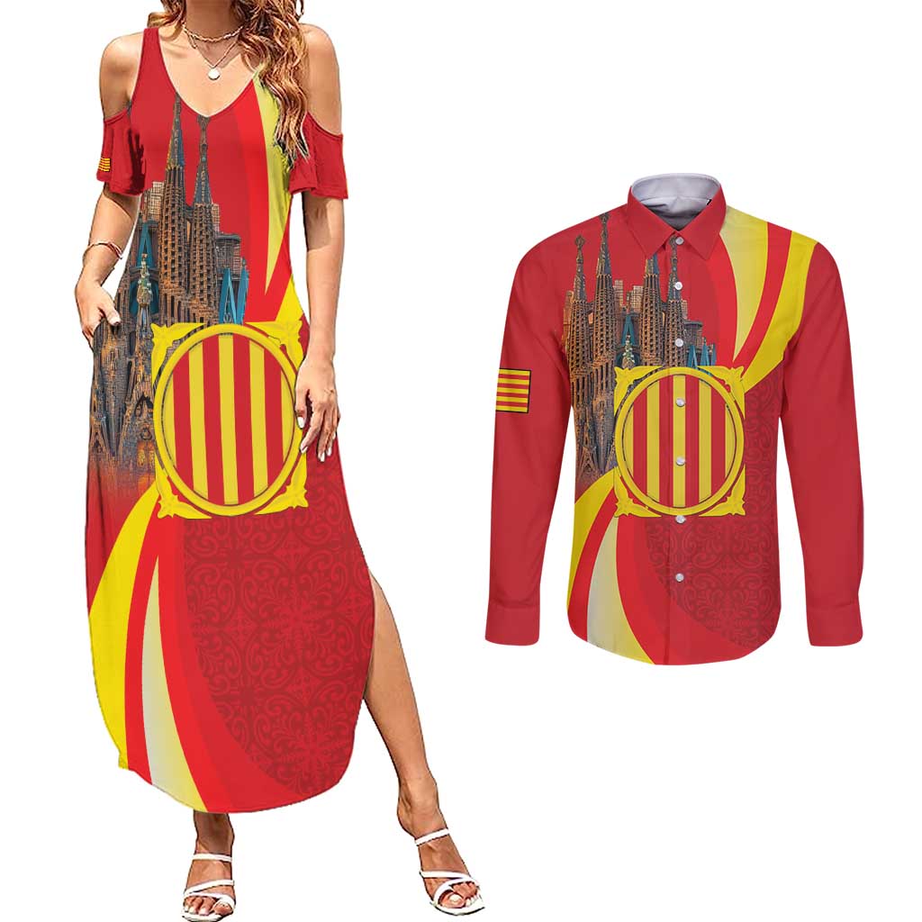 Catalonia Spain Couples Matching Summer Maxi Dress and Long Sleeve Button Shirt Basilica de la Sagrada Familia