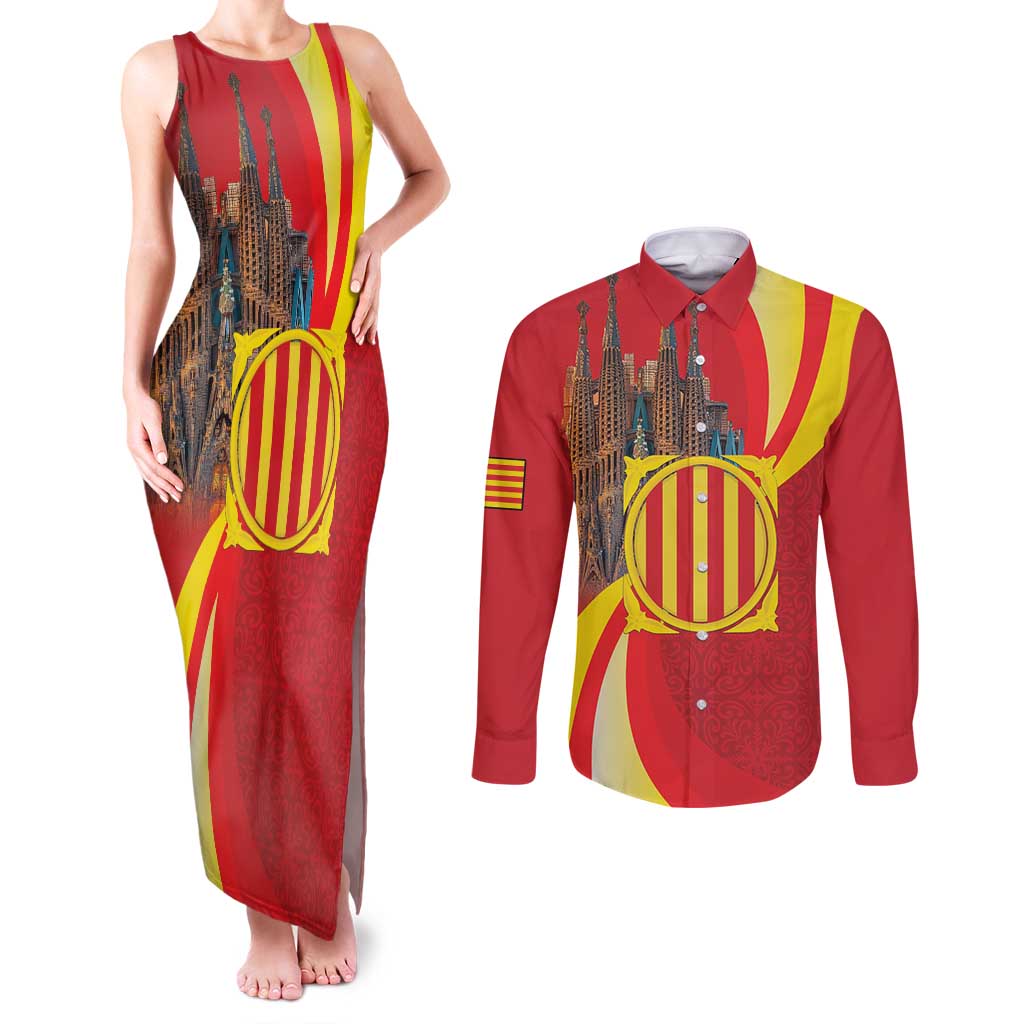 Catalonia Spain Couples Matching Tank Maxi Dress and Long Sleeve Button Shirt Basilica de la Sagrada Familia