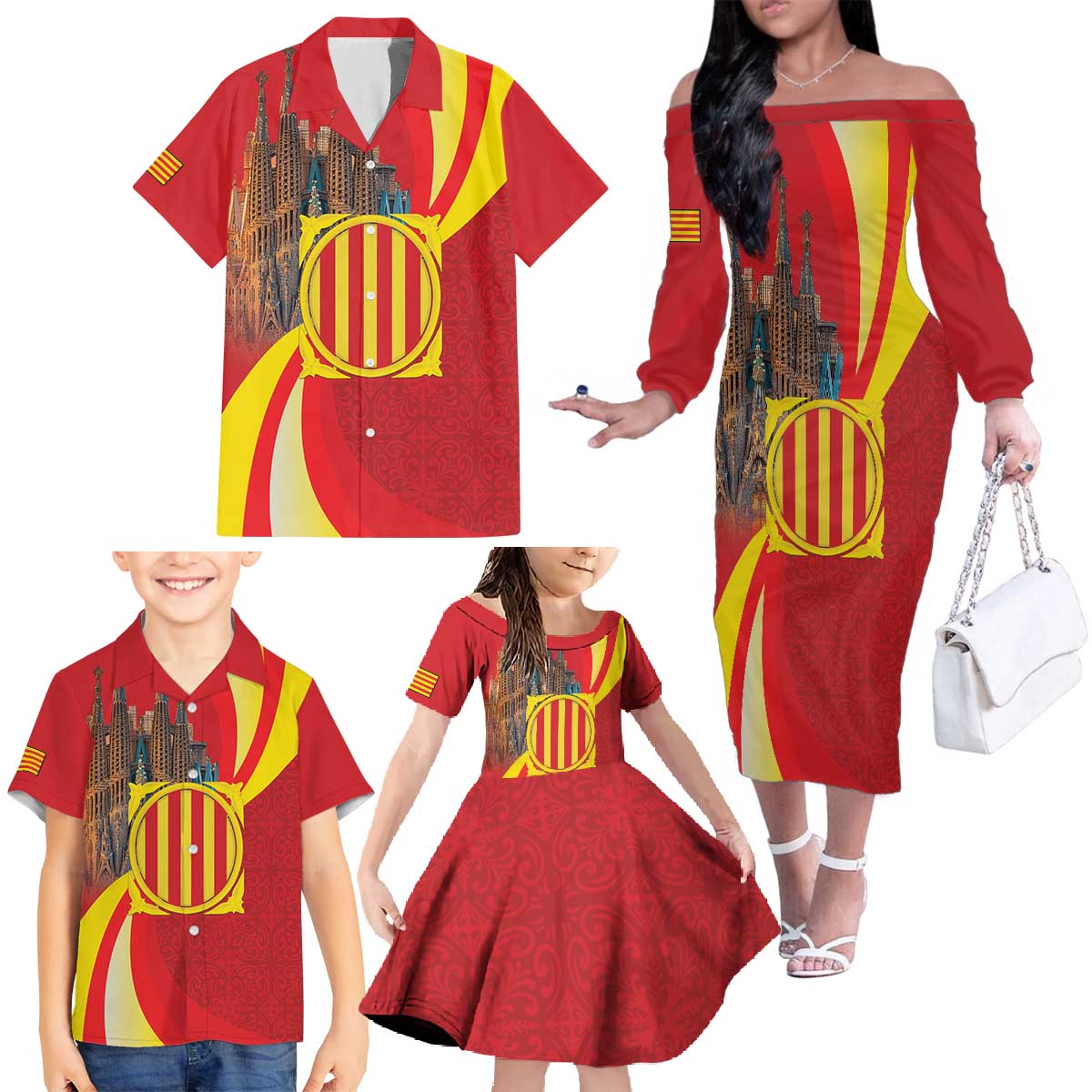 Catalonia Spain Family Matching Off The Shoulder Long Sleeve Dress and Hawaiian Shirt Basilica de la Sagrada Familia
