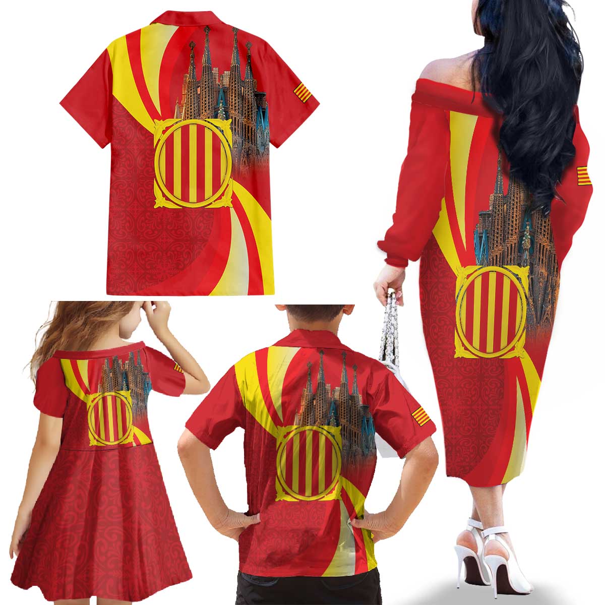 Catalonia Spain Family Matching Off The Shoulder Long Sleeve Dress and Hawaiian Shirt Basilica de la Sagrada Familia