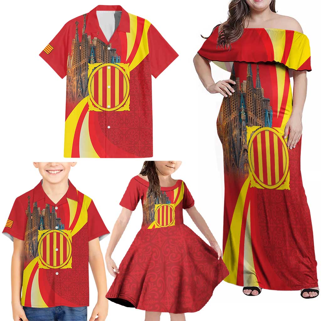 Catalonia Spain Family Matching Off Shoulder Maxi Dress and Hawaiian Shirt Basilica de la Sagrada Familia
