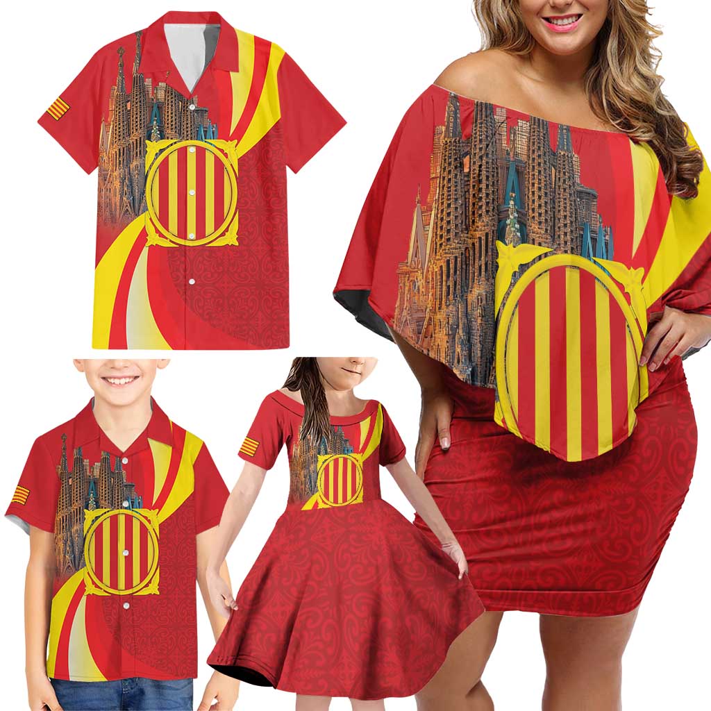 Catalonia Spain Family Matching Off Shoulder Short Dress and Hawaiian Shirt Basilica de la Sagrada Familia