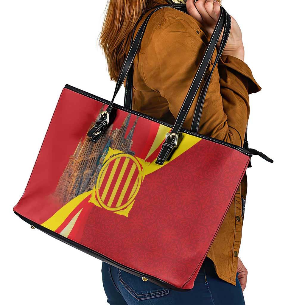 Catalonia Spain Leather Tote Bag Basilica de la Sagrada Familia