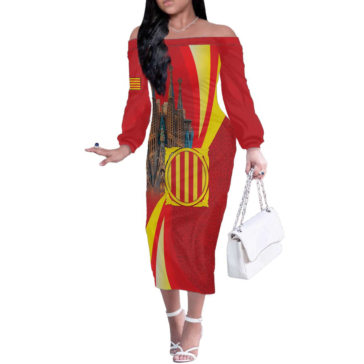 Catalonia Spain Off The Shoulder Long Sleeve Dress Basilica de la Sagrada Familia