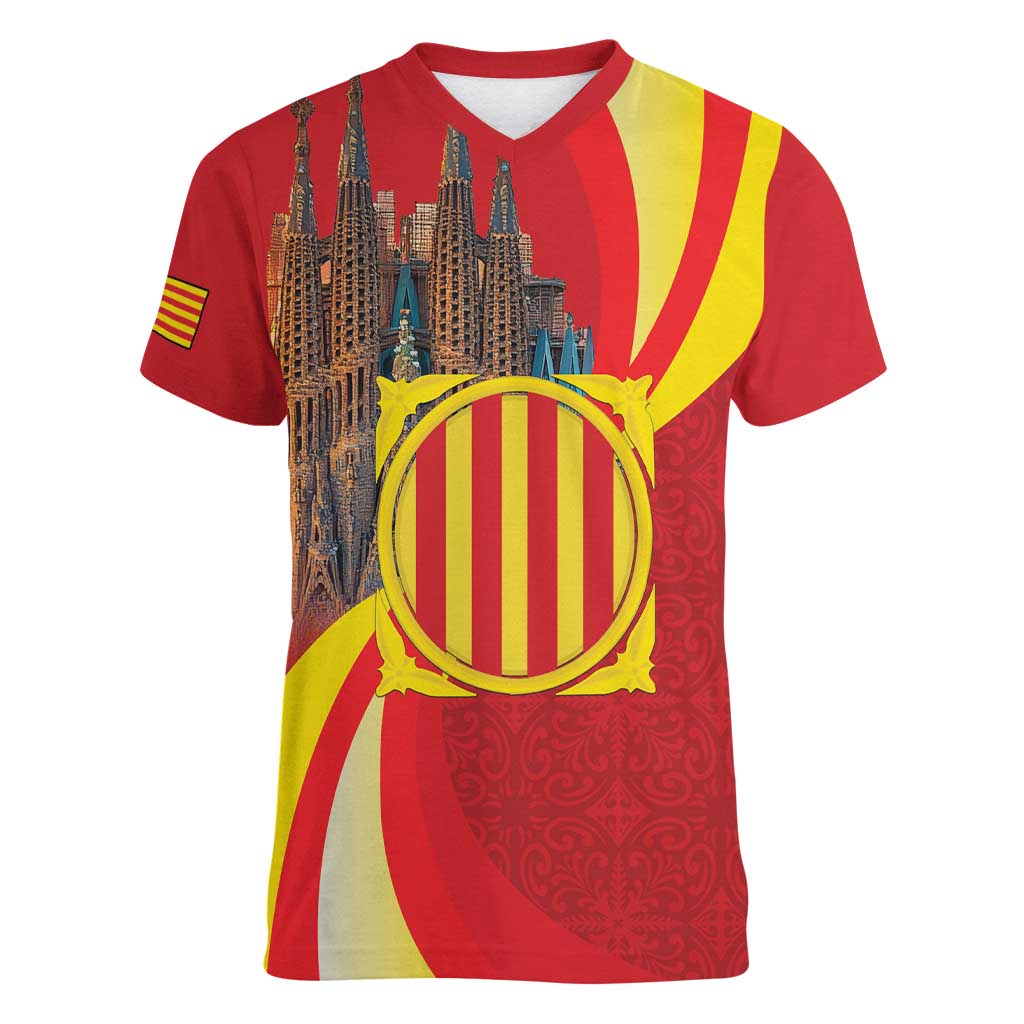 Catalonia Spain Women V-Neck T-Shirt Basilica de la Sagrada Familia