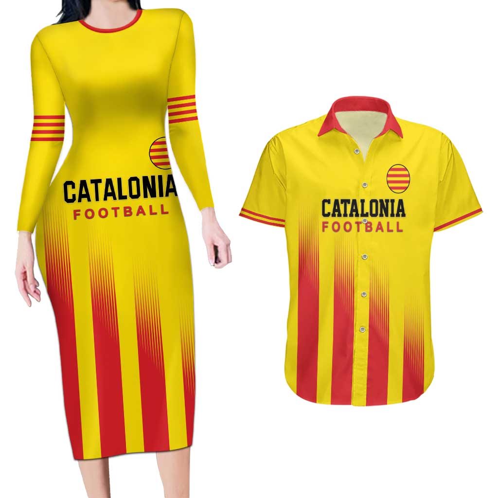 Custom Catalonia Football Couples Matching Long Sleeve Bodycon Dress and Hawaiian Shirt Seleccio de futbol de Catalunya