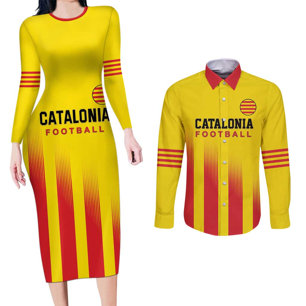 Custom Catalonia Football Couples Matching Long Sleeve Bodycon Dress and Long Sleeve Button Shirt Seleccio de futbol de Catalunya