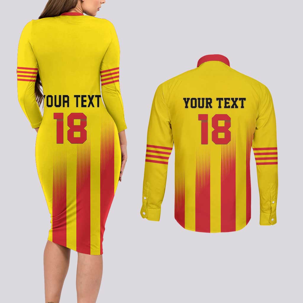 Custom Catalonia Football Couples Matching Long Sleeve Bodycon Dress and Long Sleeve Button Shirt Seleccio de futbol de Catalunya
