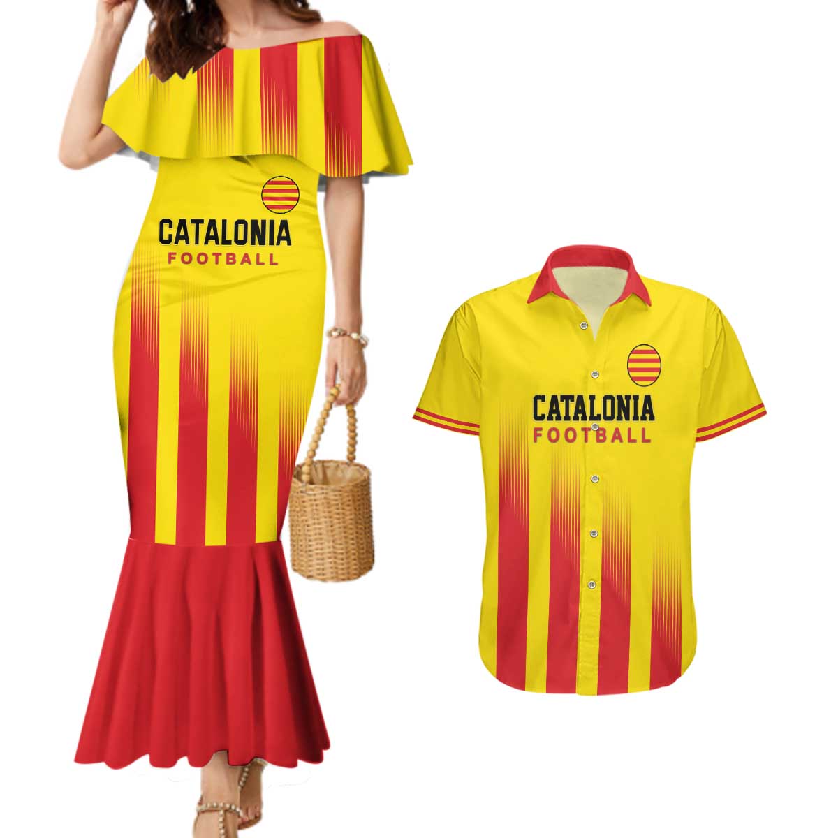 Custom Catalonia Football Couples Matching Mermaid Dress and Hawaiian Shirt Seleccio de futbol de Catalunya