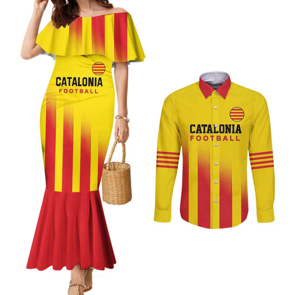 Custom Catalonia Football Couples Matching Mermaid Dress and Long Sleeve Button Shirt Seleccio de futbol de Catalunya