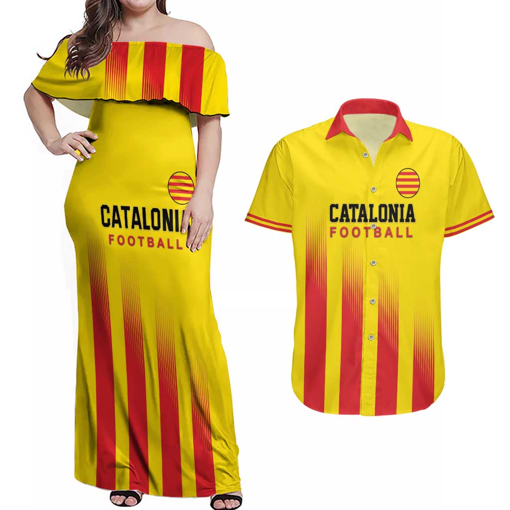 Custom Catalonia Football Couples Matching Off Shoulder Maxi Dress and Hawaiian Shirt Seleccio de futbol de Catalunya