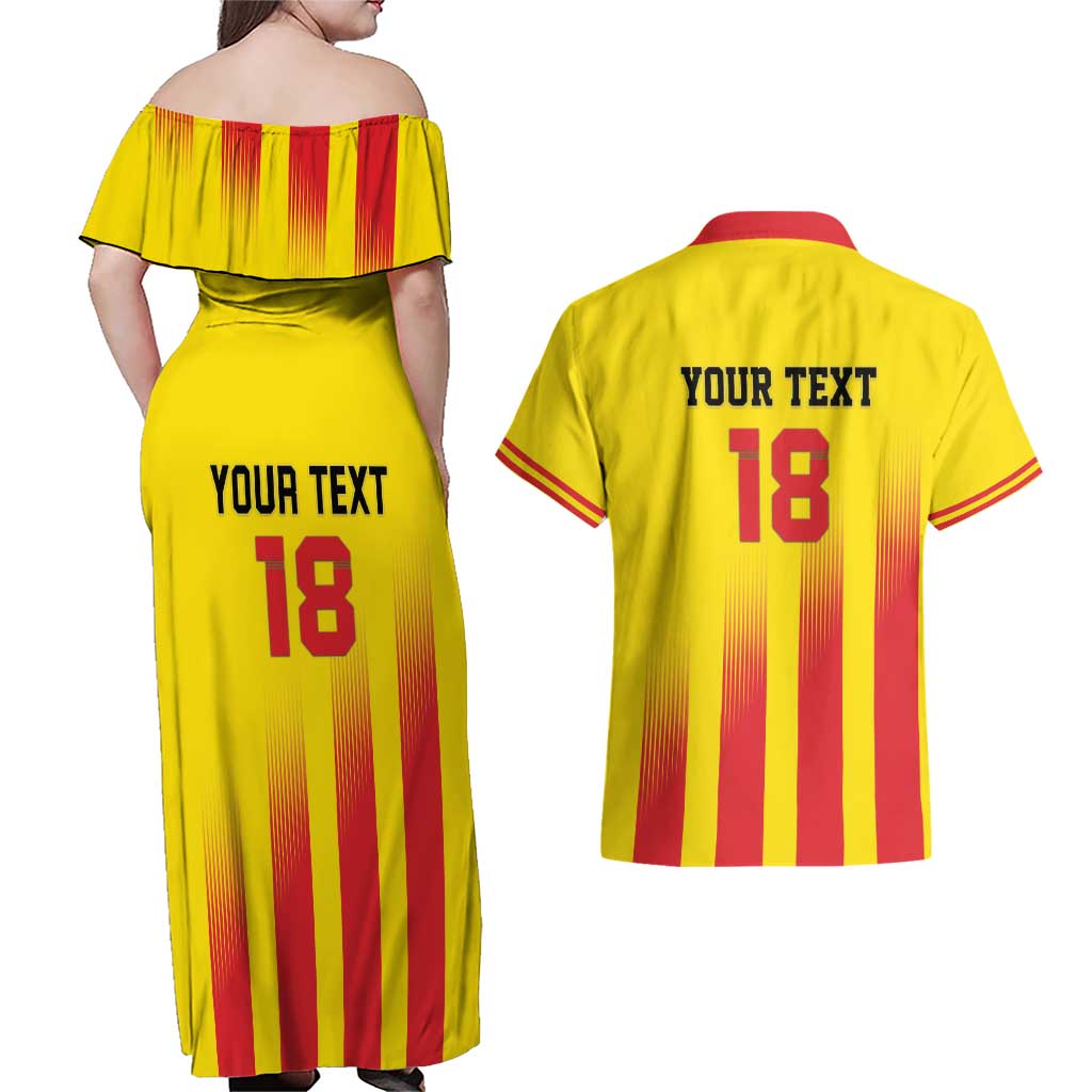 Custom Catalonia Football Couples Matching Off Shoulder Maxi Dress and Hawaiian Shirt Seleccio de futbol de Catalunya