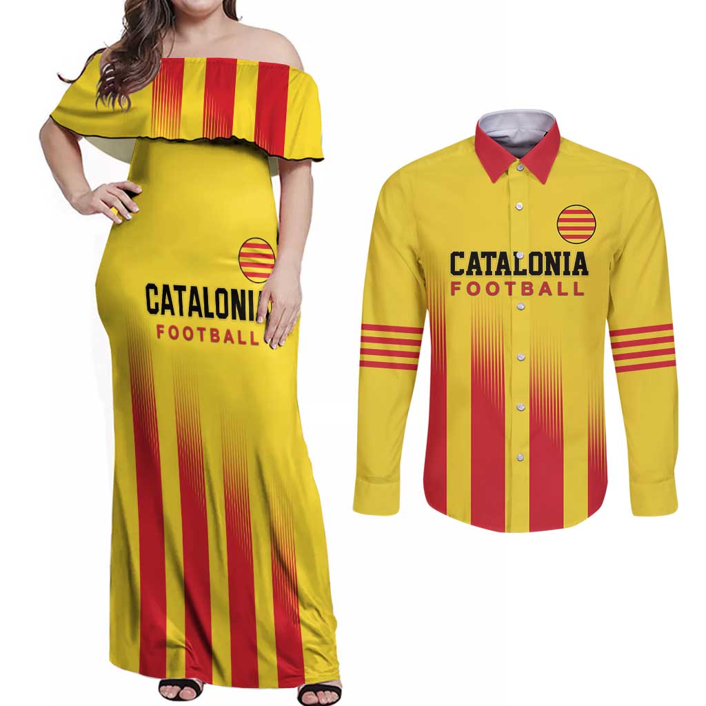 Custom Catalonia Football Couples Matching Off Shoulder Maxi Dress and Long Sleeve Button Shirt Seleccio de futbol de Catalunya