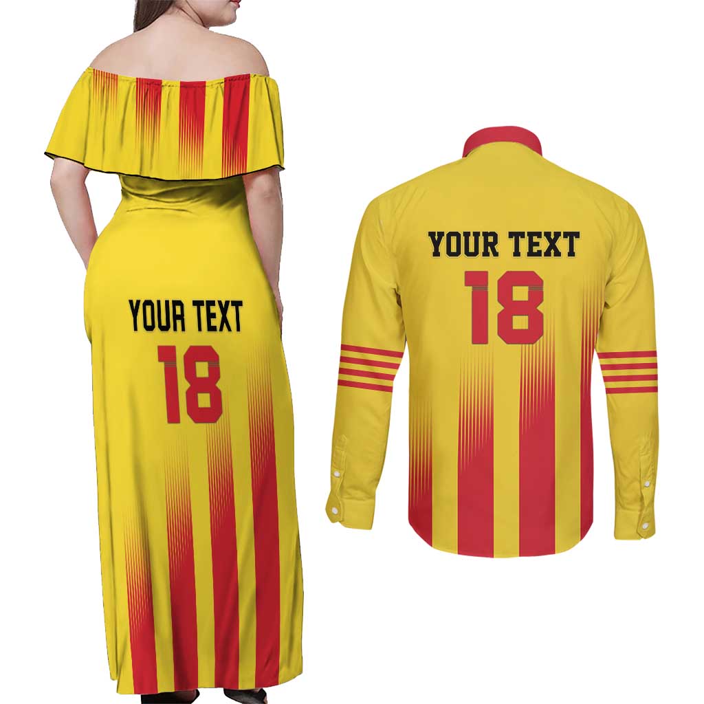 Custom Catalonia Football Couples Matching Off Shoulder Maxi Dress and Long Sleeve Button Shirt Seleccio de futbol de Catalunya