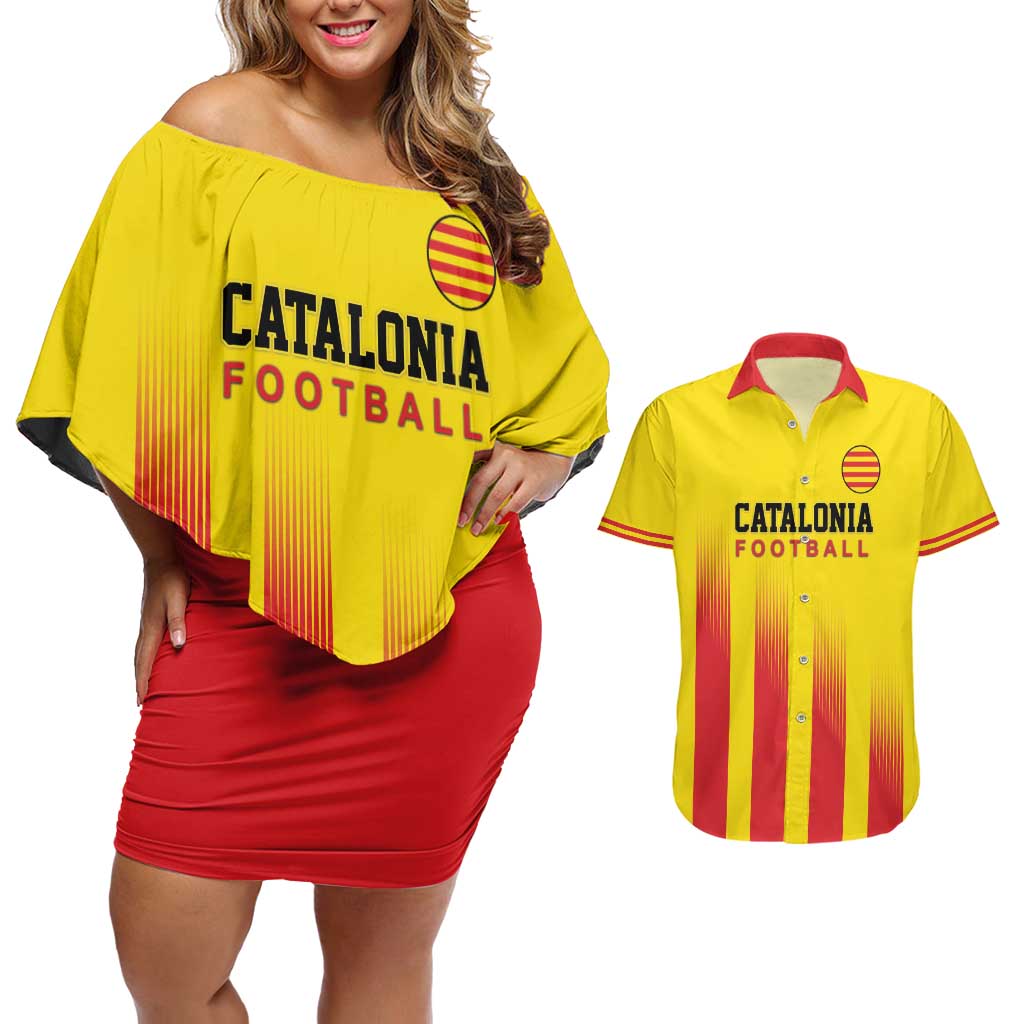 Custom Catalonia Football Couples Matching Off Shoulder Short Dress and Hawaiian Shirt Seleccio de futbol de Catalunya