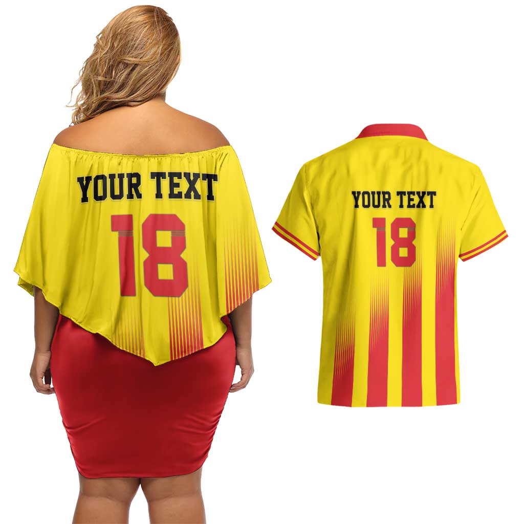 Custom Catalonia Football Couples Matching Off Shoulder Short Dress and Hawaiian Shirt Seleccio de futbol de Catalunya