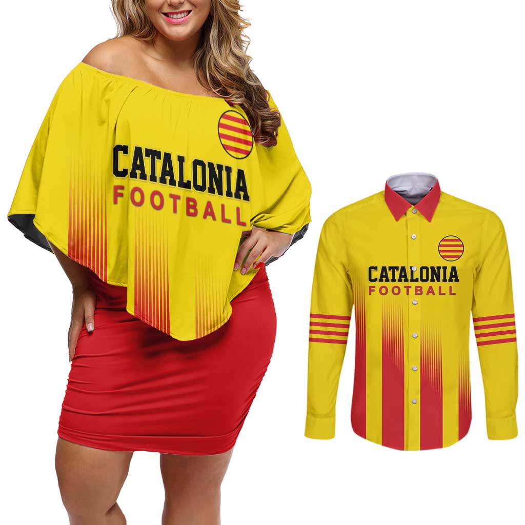 Custom Catalonia Football Couples Matching Off Shoulder Short Dress and Long Sleeve Button Shirt Seleccio de futbol de Catalunya