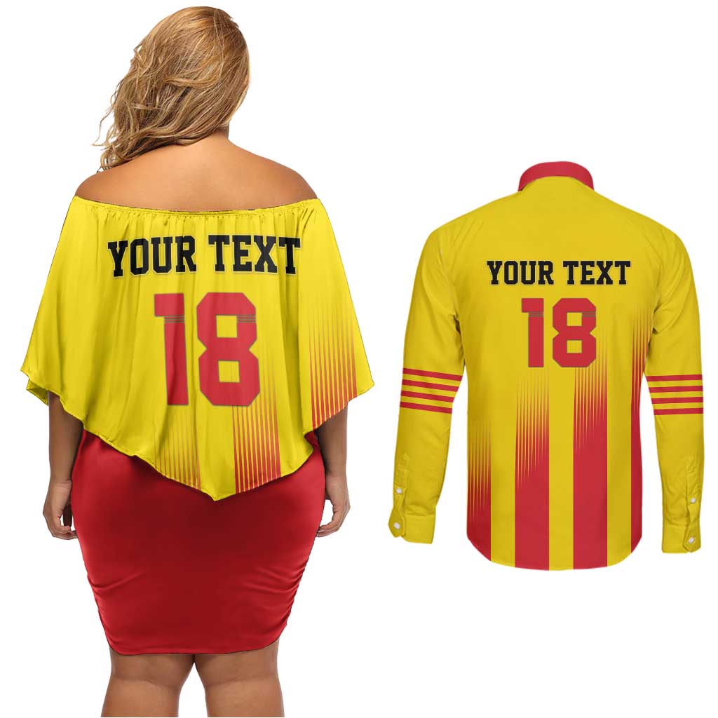 Custom Catalonia Football Couples Matching Off Shoulder Short Dress and Long Sleeve Button Shirt Seleccio de futbol de Catalunya