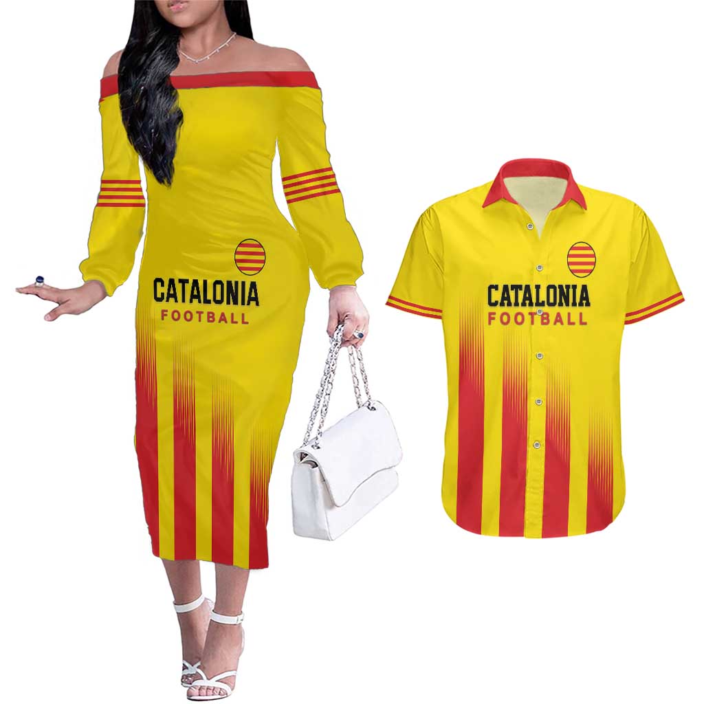 Custom Catalonia Football Couples Matching Off The Shoulder Long Sleeve Dress and Hawaiian Shirt Seleccio de futbol de Catalunya