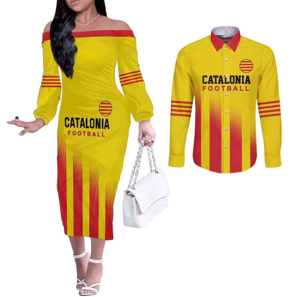 Custom Catalonia Football Couples Matching Off The Shoulder Long Sleeve Dress and Long Sleeve Button Shirt Seleccio de futbol de Catalunya