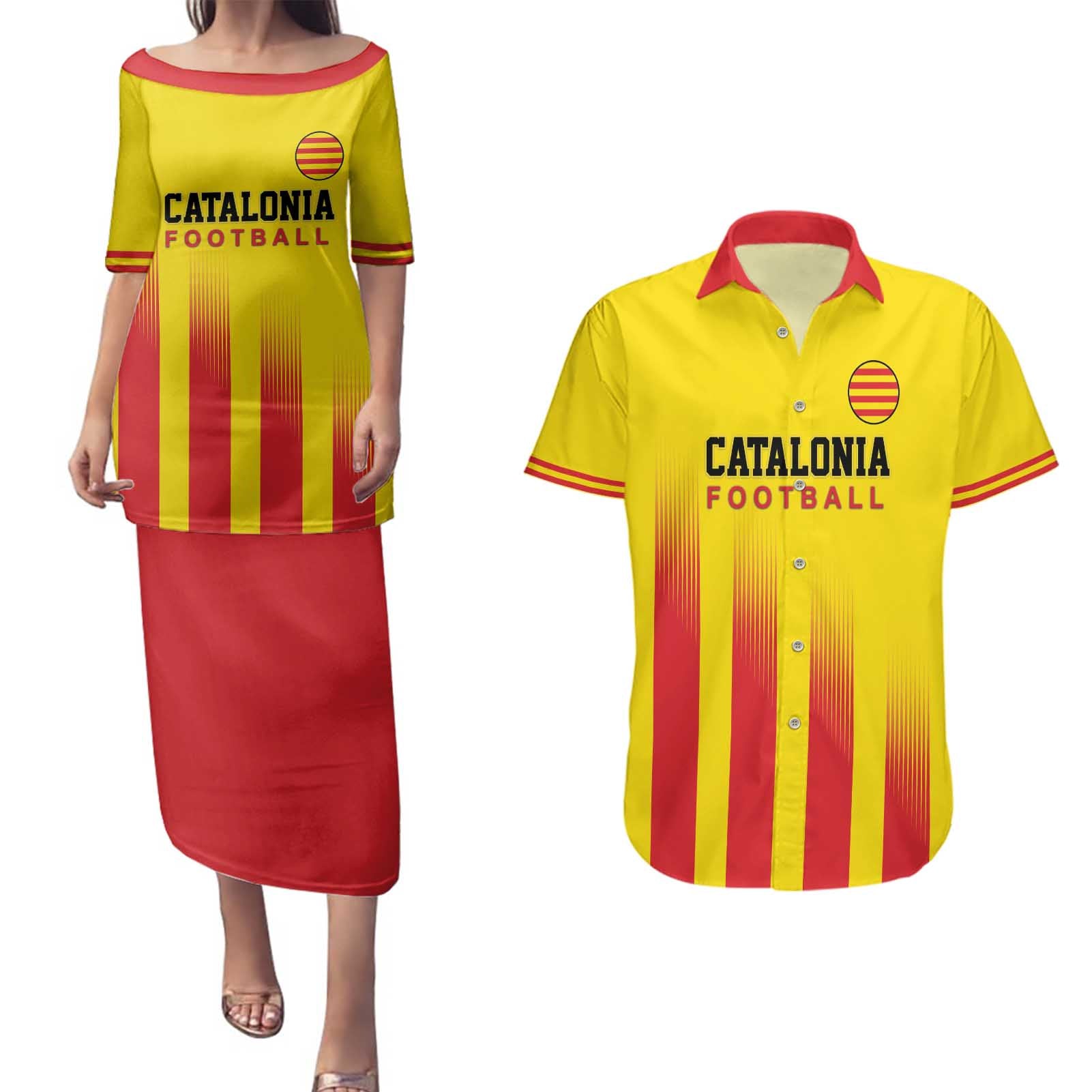 Custom Catalonia Football Couples Matching Puletasi and Hawaiian Shirt Seleccio de futbol de Catalunya