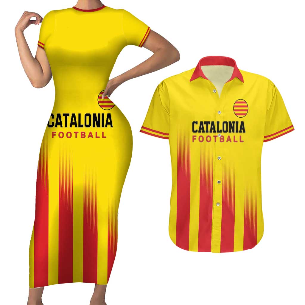 Custom Catalonia Football Couples Matching Short Sleeve Bodycon Dress and Hawaiian Shirt Seleccio de futbol de Catalunya