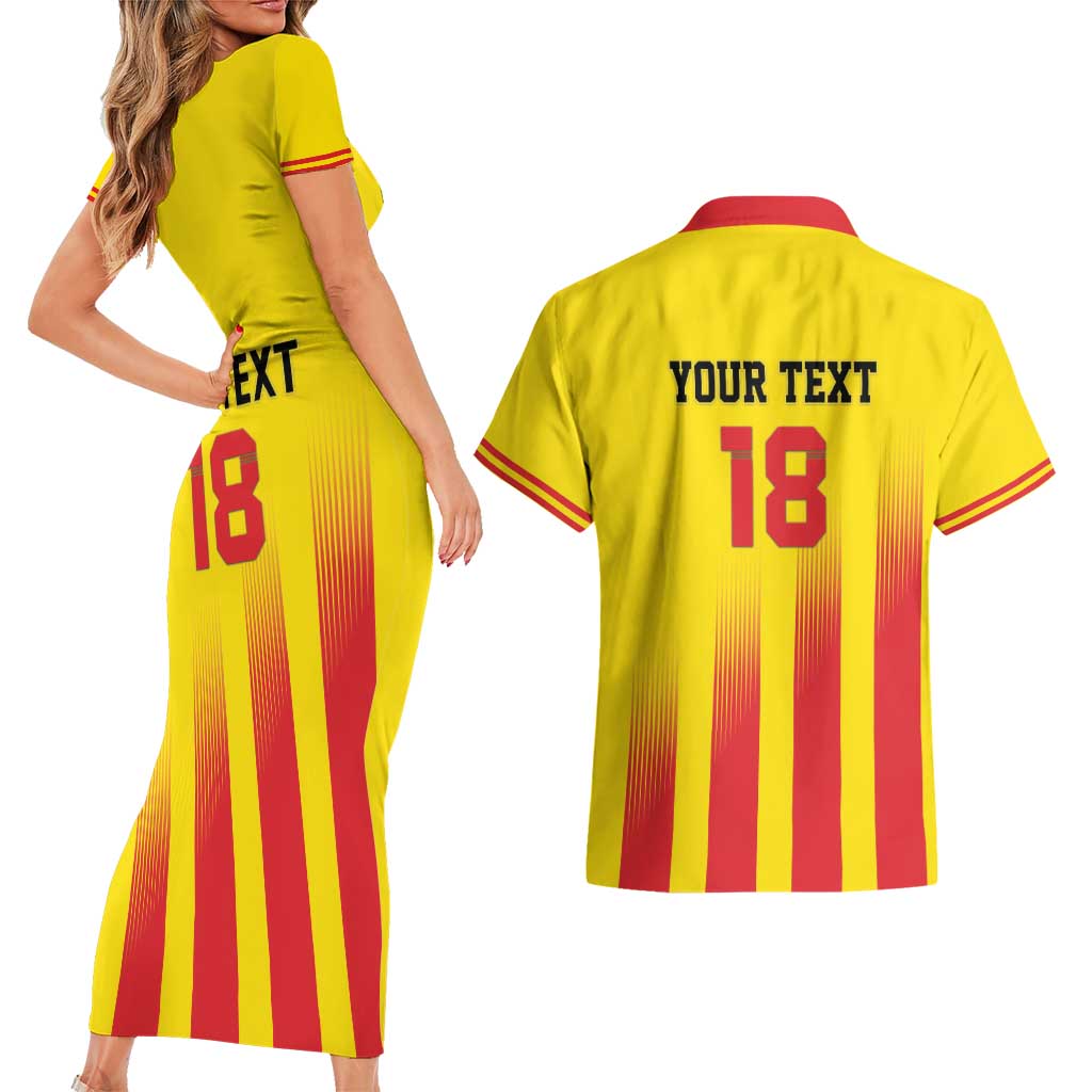 Custom Catalonia Football Couples Matching Short Sleeve Bodycon Dress and Hawaiian Shirt Seleccio de futbol de Catalunya