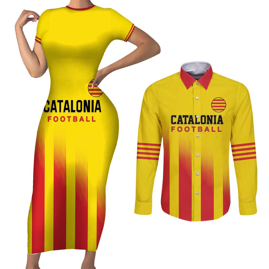 Custom Catalonia Football Couples Matching Short Sleeve Bodycon Dress and Long Sleeve Button Shirt Seleccio de futbol de Catalunya