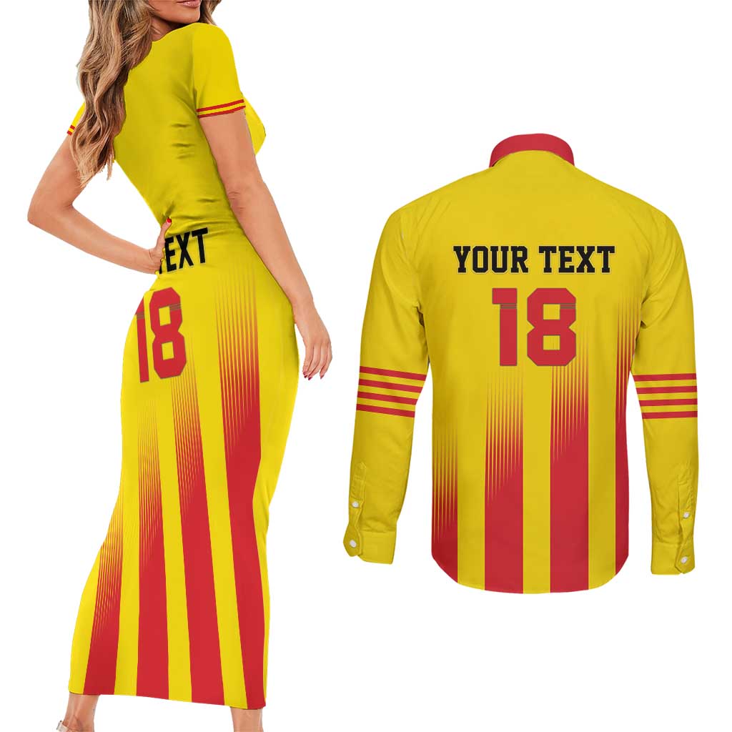Custom Catalonia Football Couples Matching Short Sleeve Bodycon Dress and Long Sleeve Button Shirt Seleccio de futbol de Catalunya