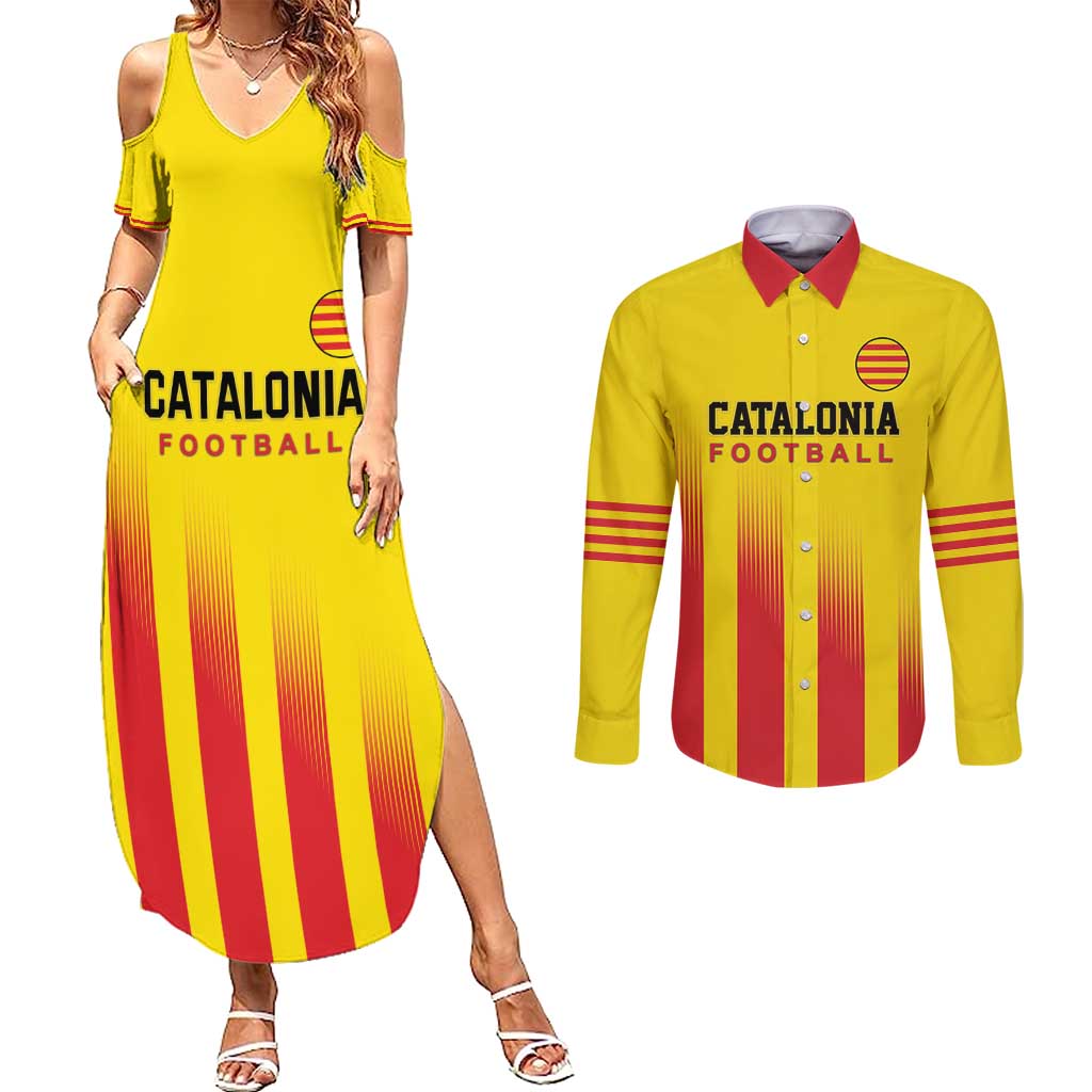 Custom Catalonia Football Couples Matching Summer Maxi Dress and Long Sleeve Button Shirt Seleccio de futbol de Catalunya
