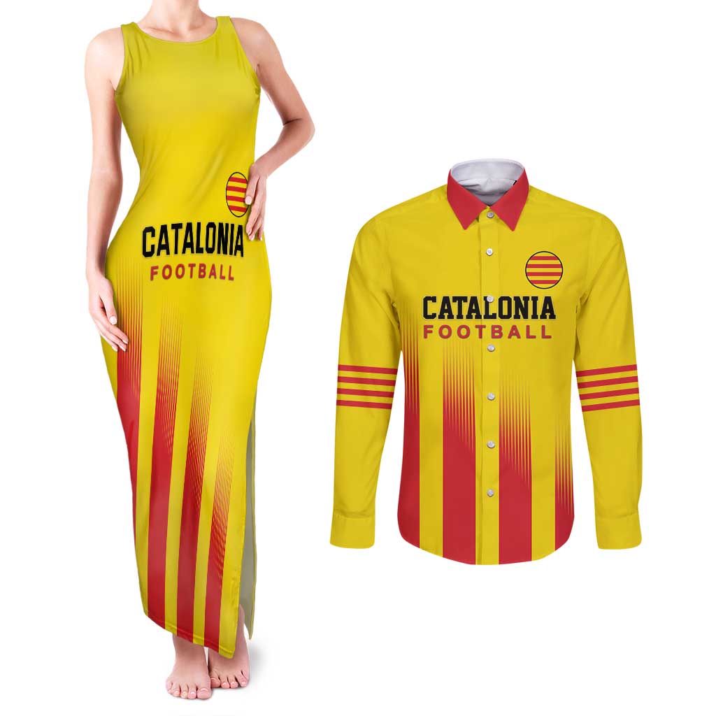 Custom Catalonia Football Couples Matching Tank Maxi Dress and Long Sleeve Button Shirt Seleccio de futbol de Catalunya