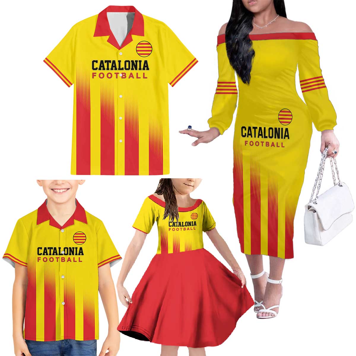 Custom Catalonia Football Family Matching Off The Shoulder Long Sleeve Dress and Hawaiian Shirt Seleccio de futbol de Catalunya