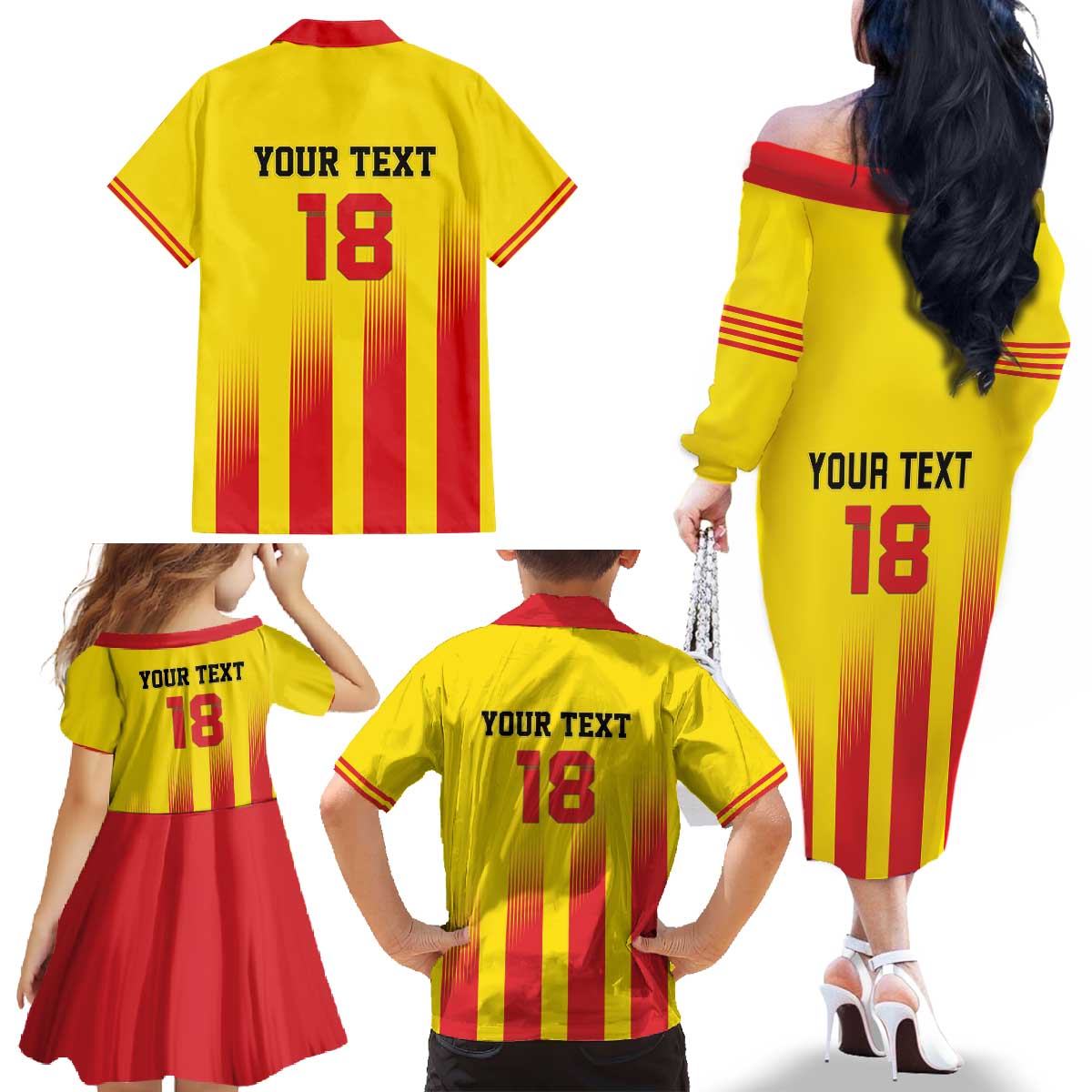 Custom Catalonia Football Family Matching Off The Shoulder Long Sleeve Dress and Hawaiian Shirt Seleccio de futbol de Catalunya
