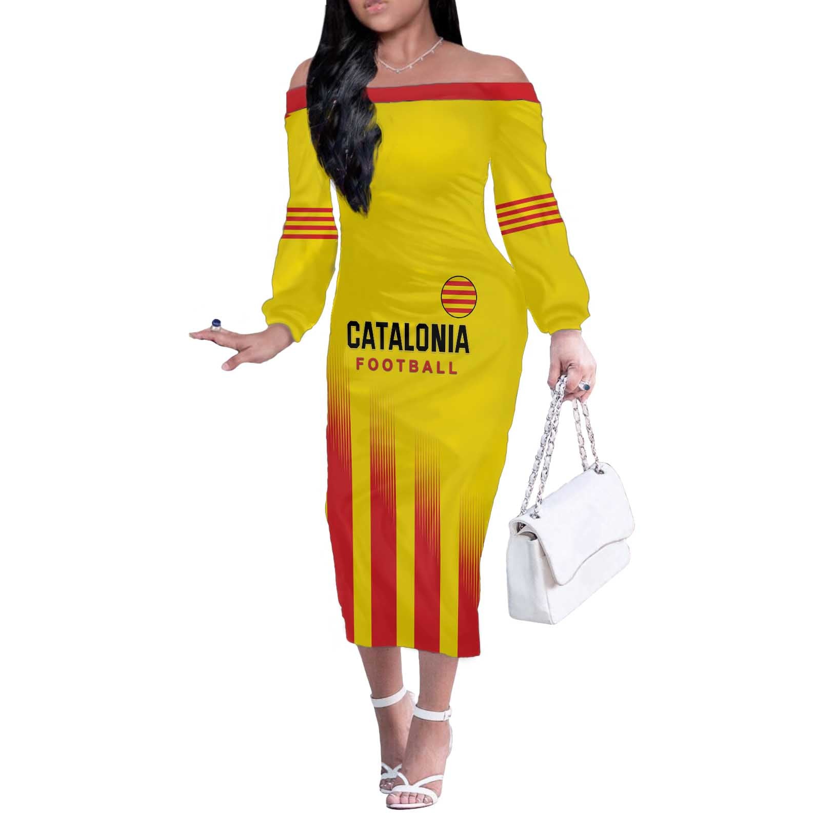 Custom Catalonia Football Off The Shoulder Long Sleeve Dress Seleccio de futbol de Catalunya