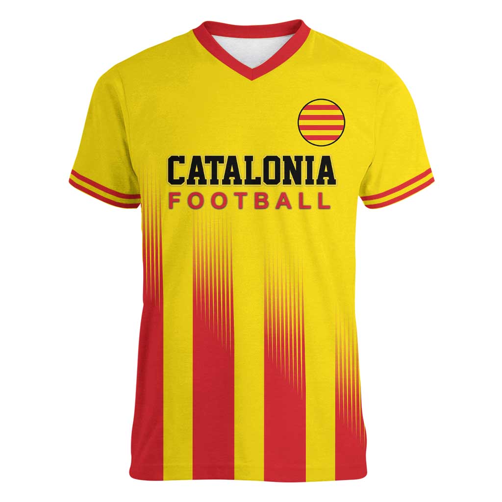 Custom Catalonia Football Women V-Neck T-Shirt Seleccio de futbol de Catalunya