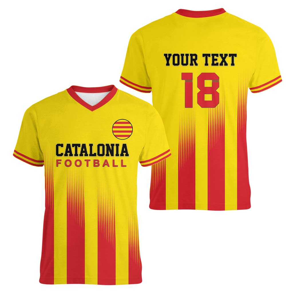 Custom Catalonia Football Women V-Neck T-Shirt Seleccio de futbol de Catalunya