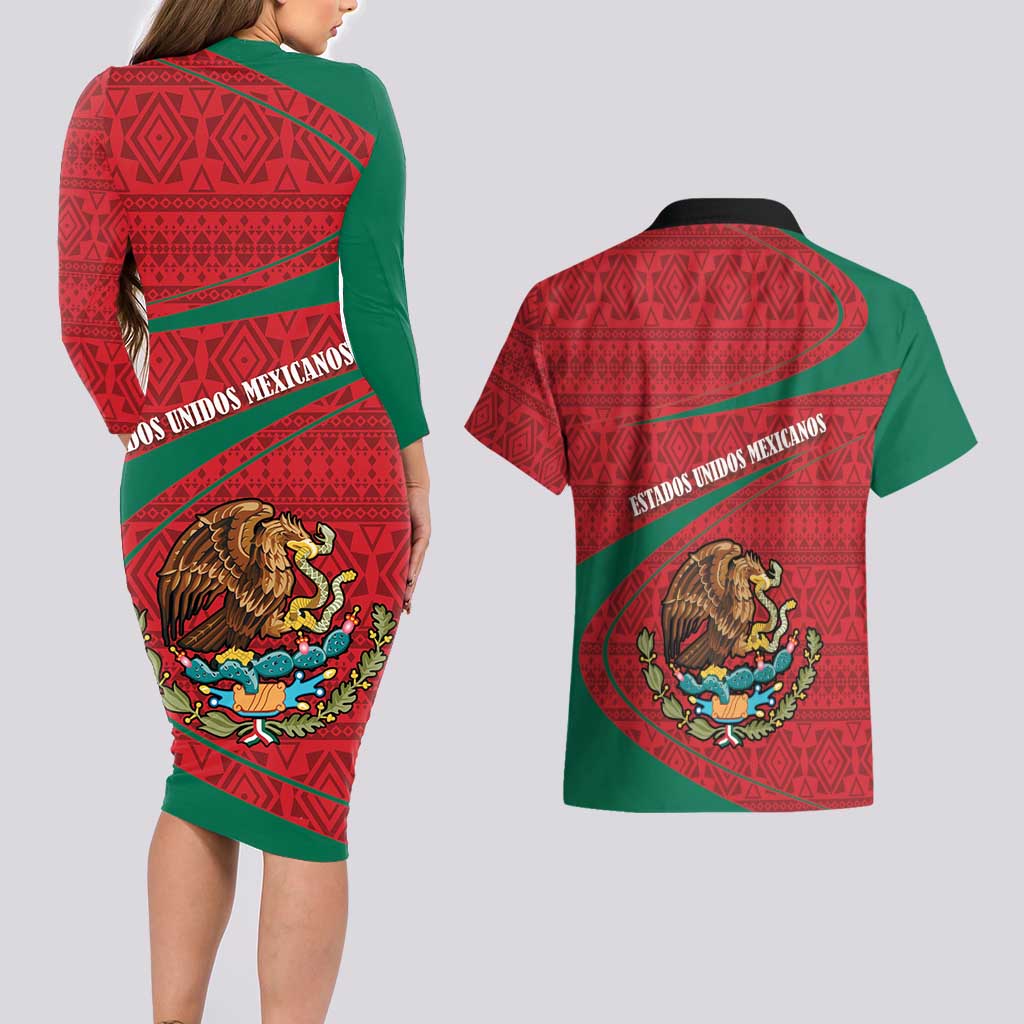 Mexico Coat Of Arms Couples Matching Long Sleeve Bodycon Dress and Hawaiian Shirt With Folk Pattern - Wonder Print Shop