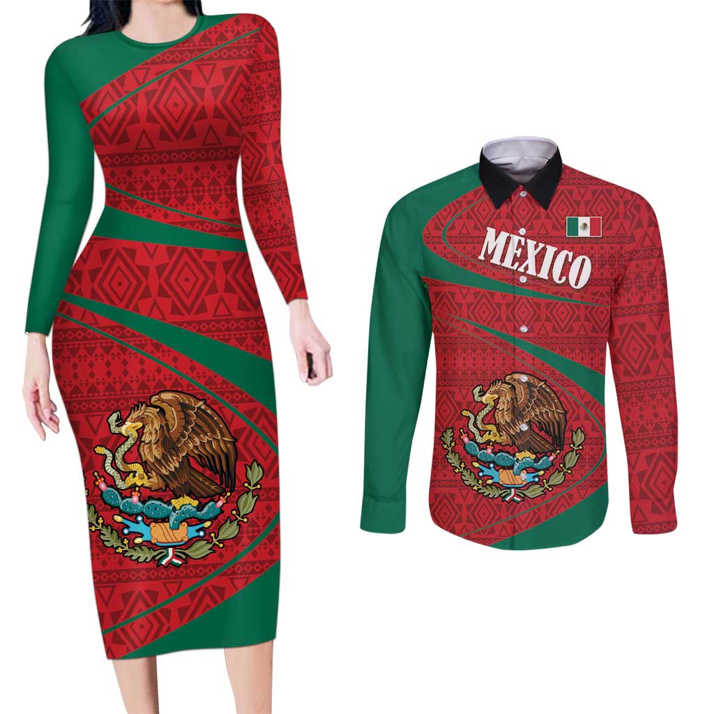 Mexico Coat Of Arms Couples Matching Long Sleeve Bodycon Dress and Long Sleeve Button Shirt With Folk Pattern - Wonder Print Shop