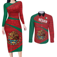 Mexico Coat Of Arms Couples Matching Long Sleeve Bodycon Dress and Long Sleeve Button Shirt With Folk Pattern - Wonder Print Shop