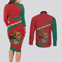 Mexico Coat Of Arms Couples Matching Long Sleeve Bodycon Dress and Long Sleeve Button Shirt With Folk Pattern - Wonder Print Shop