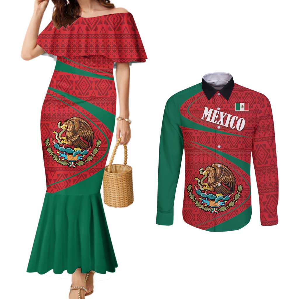 Mexico Coat Of Arms Couples Matching Mermaid Dress and Long Sleeve Button Shirt With Folk Pattern
