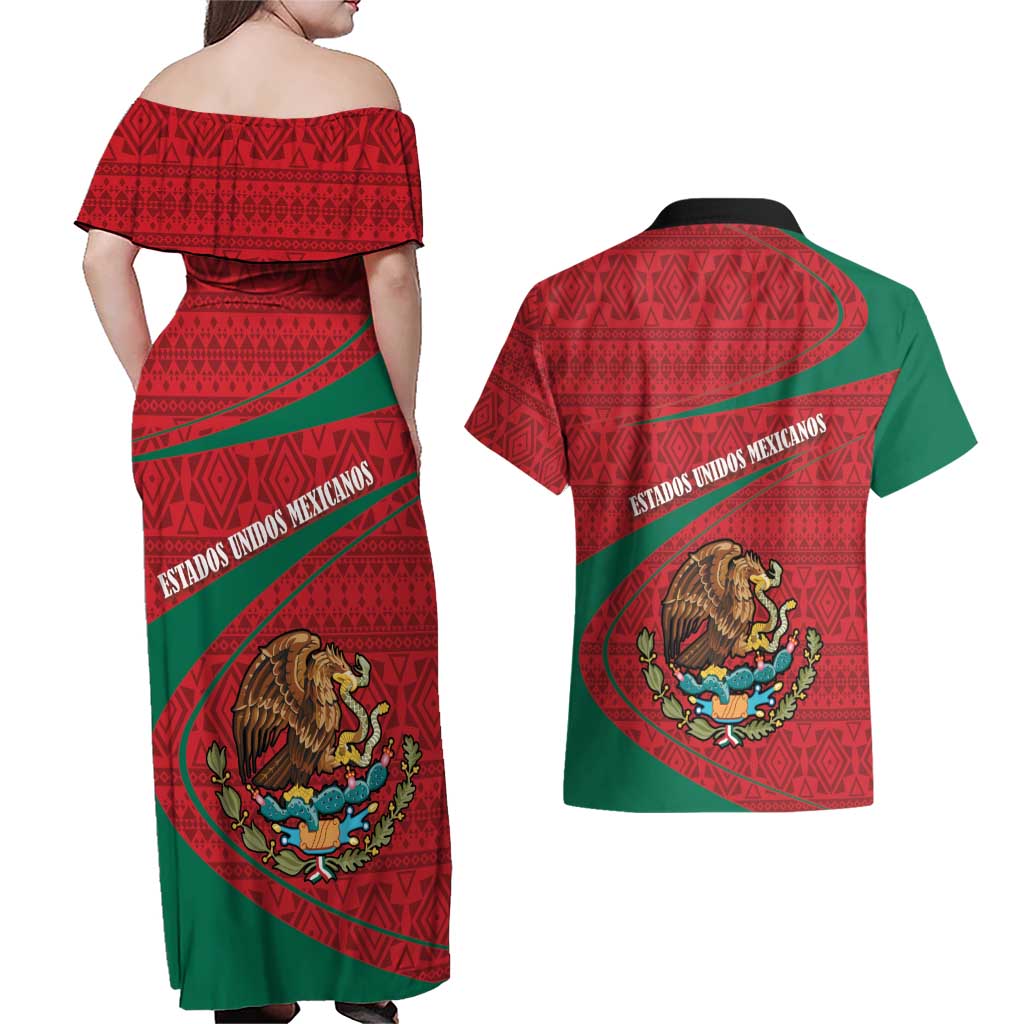 Mexico Coat Of Arms Couples Matching Off Shoulder Maxi Dress and Hawaiian Shirt With Folk Pattern - Wonder Print Shop